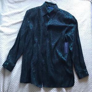 Karen Scott emerald sheen tiger print button down shirt W/ shoulder pads Size M